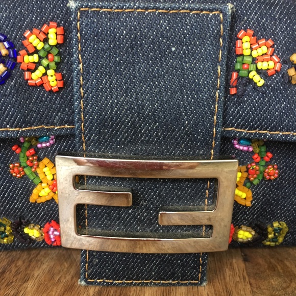 Fendi floral multi color beaded denim bag - Picture 2 of 7